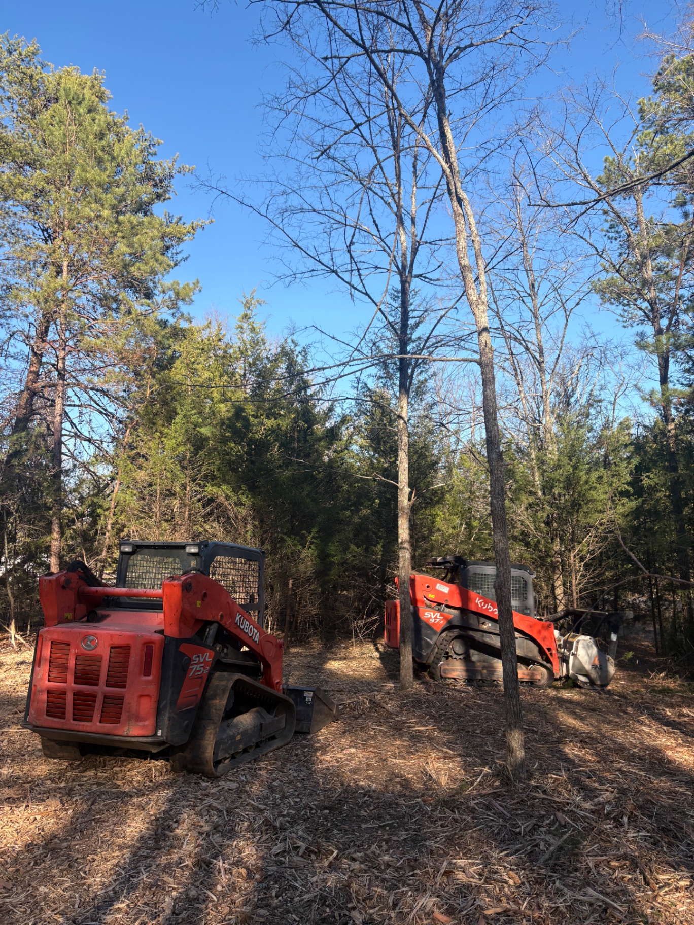 Two Kubota track loaders staged at a wooded clearing site
