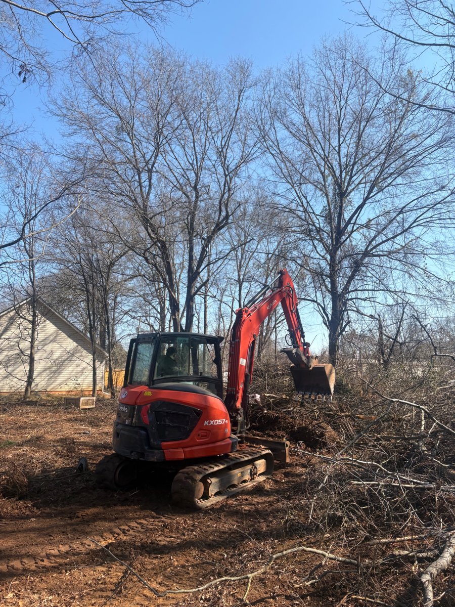 Compact excavator clearing brush and small trees from a residential backyard